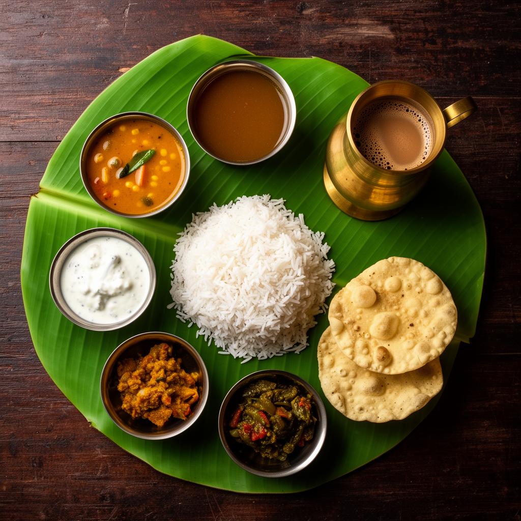 Authentic South Indian banana leaf thali with sambar, rasam, rice, chutney, papad and brass filter coffee tumbler